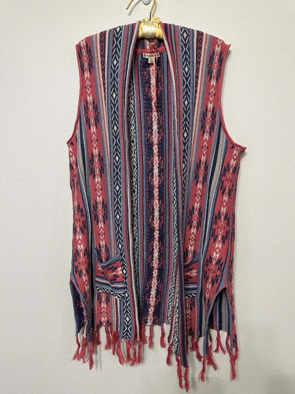 Ruff Hewn Women's Aztec Southwestern Pattern Open Front Sleeveless Vest Fringe